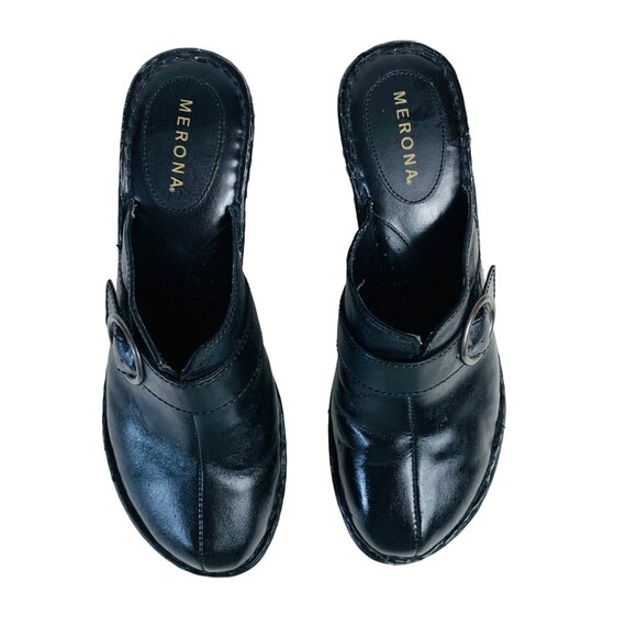 Merona Black Leather Slip-On Wedge Clogs Womens Size 9.5 Featuring Buckle Detail - Picture 5 of 14
